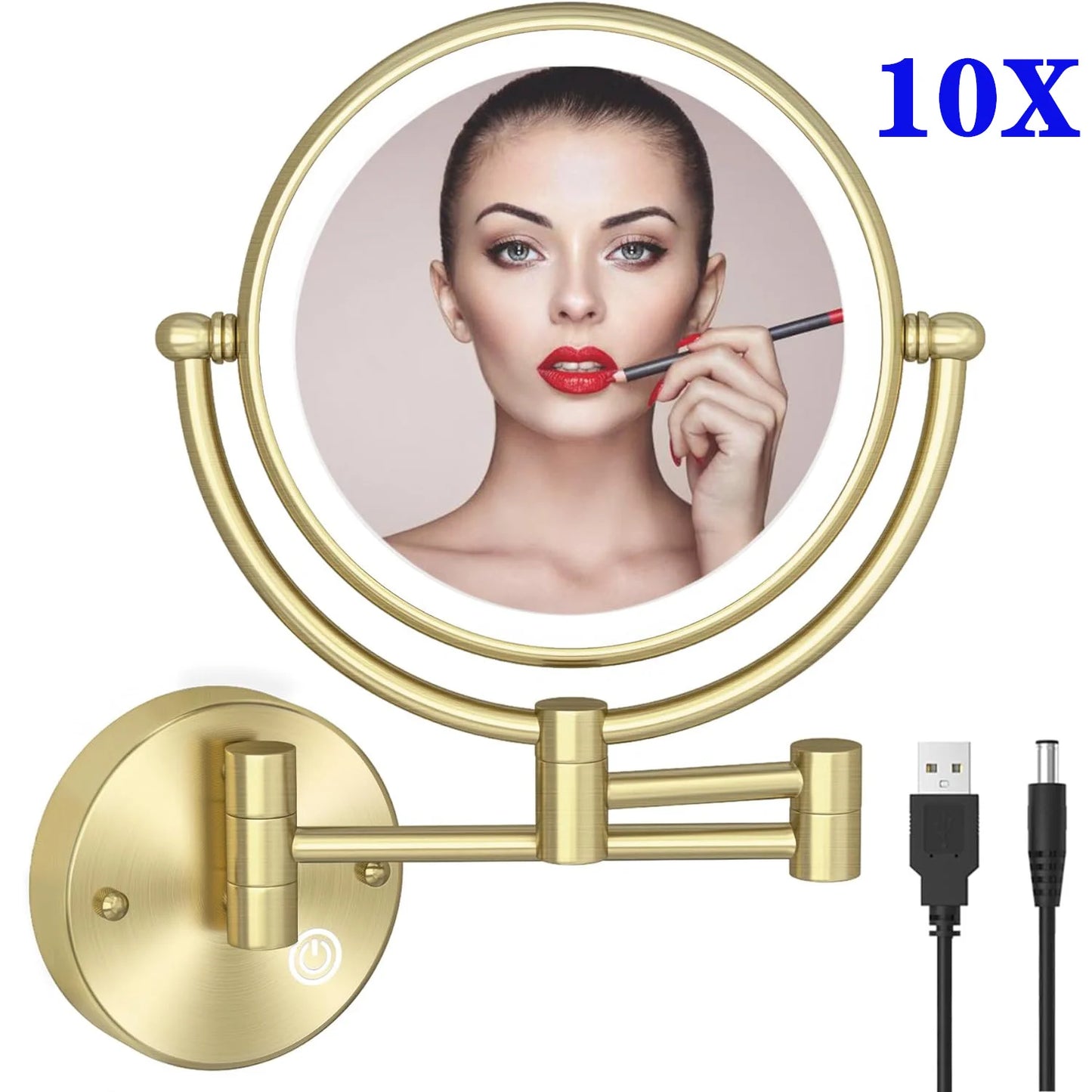 10X Magnifying LED Makeup Mirror Touch on Dual Arm Extend Wall Mounted Bathroom Mirror Double Sided Vanity Mirror for Bathroom
