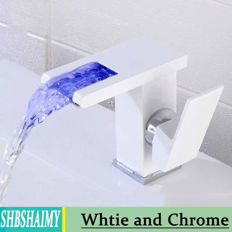 Bathroom Hydropower LED Waterfall Faucet Sink Basin Mixer Deck Mounted Solid Brass Water Power Basin Tap Luminous Washbasin Tap