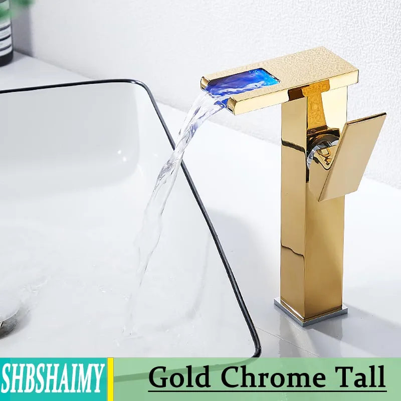 Bathroom Hydropower LED Waterfall Faucet Sink Basin Mixer Deck Mounted Solid Brass Water Power Basin Tap Luminous Washbasin Tap