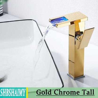 Bathroom Hydropower LED Waterfall Faucet Sink Basin Mixer Deck Mounted Solid Brass Water Power Basin Tap Luminous Washbasin Tap