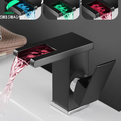 Bathroom Hydropower LED Waterfall Faucet Sink Basin Mixer Deck Mounted Solid Brass Water Power Basin Tap Luminous Washbasin Tap