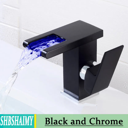 Bathroom Hydropower LED Waterfall Faucet Sink Basin Mixer Deck Mounted Solid Brass Water Power Basin Tap Luminous Washbasin Tap