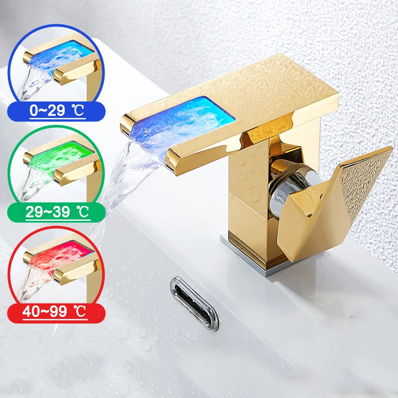 Bathroom Hydropower LED Waterfall Faucet Sink Basin Mixer Deck Mounted Solid Brass Water Power Basin Tap Luminous Washbasin Tap