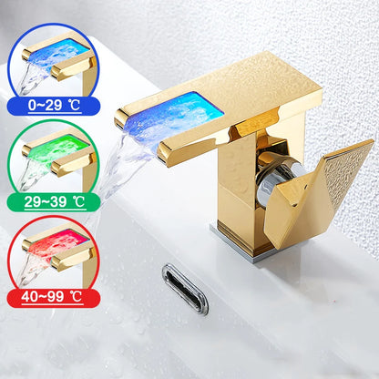 Bathroom Hydropower LED Waterfall Faucet Sink Basin Mixer Deck Mounted Solid Brass Water Power Basin Tap Luminous Washbasin Tap