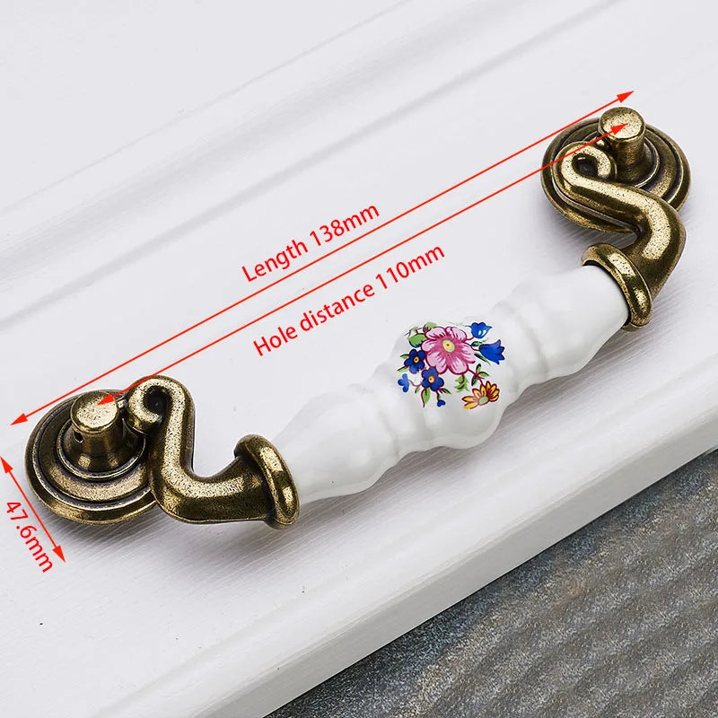 KAK Antique Bronze Ceramic Cabinet Handles Zinc Alloy Drawer Knobs Wardrobe Door Handles Morning Glory European Furniture Handle