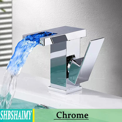 Bathroom Hydropower LED Waterfall Faucet Sink Basin Mixer Deck Mounted Solid Brass Water Power Basin Tap Luminous Washbasin Tap