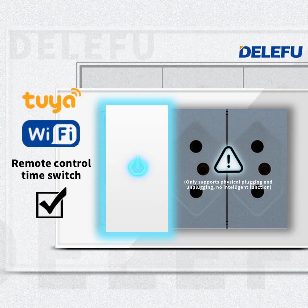DELEFU 4*2 White Tempered Glass Brazil Standard Outlet with Double USB Type C Wall Power Socket  Switch Tuya Wifi 10A 20A