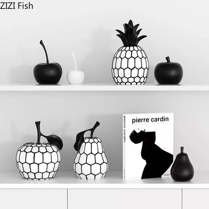 Black and White Stripe Apple Pineapple Statue Desk Decoration Ornaments Minimalism Fruits Resin Sculpture Room Aesthetics Decor