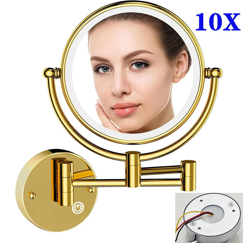 10X Magnifying LED Makeup Mirror Touch on Dual Arm Extend Wall Mounted Bathroom Mirror Double Sided Vanity Mirror for Bathroom