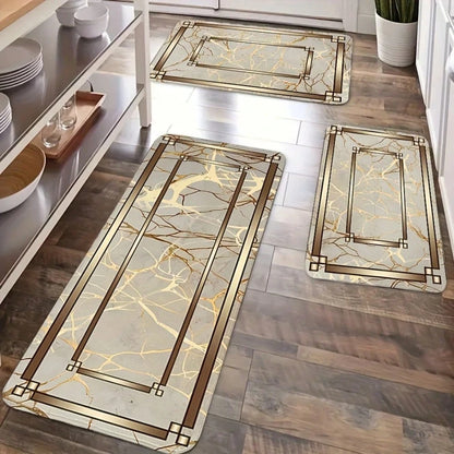 Spring Summer Kitchen Decor Mat Set, Marble Style Gold Plated Printed Floor Mats for Home & Laundry Room Entrance Doorway