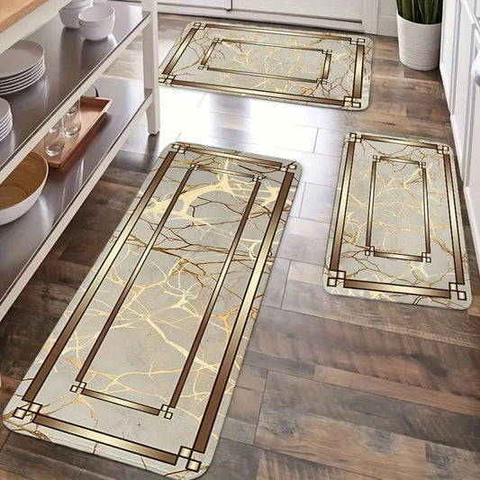 Spring Summer Kitchen Decor Mat Set, Marble Style Gold Plated Printed Floor Mats for Home & Laundry Room Entrance Doorway