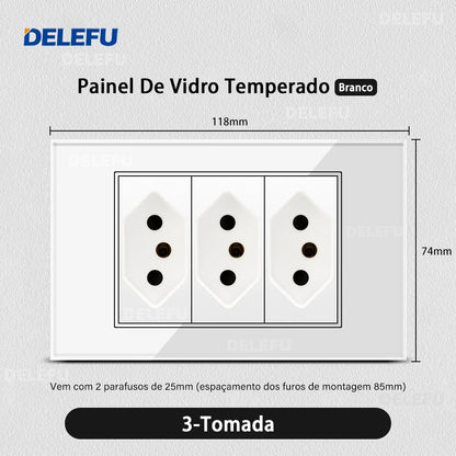 DELEFU 4*2 White Tempered Glass Brazil Standard Outlet with Double USB Type C Wall Power Socket  Switch Tuya Wifi 10A 20A