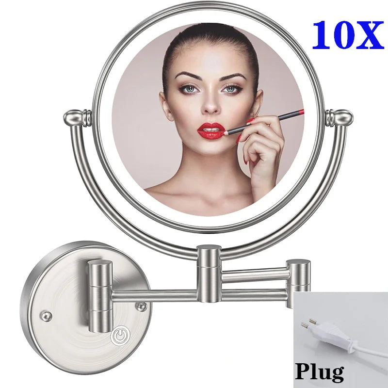 10X Magnifying LED Makeup Mirror Touch on Dual Arm Extend Wall Mounted Bathroom Mirror Double Sided Vanity Mirror for Bathroom