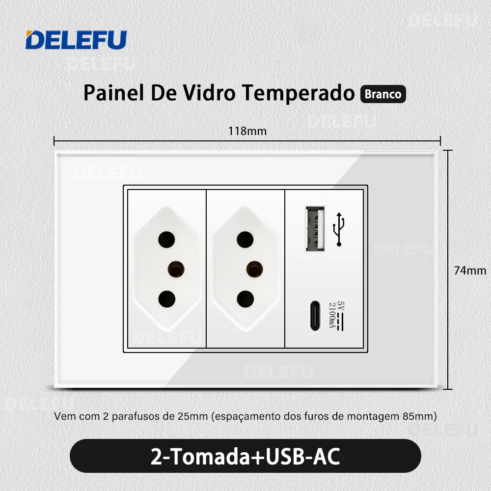 DELEFU 4*2 White Tempered Glass Brazil Standard Outlet with Double USB Type C Wall Power Socket  Switch Tuya Wifi 10A 20A