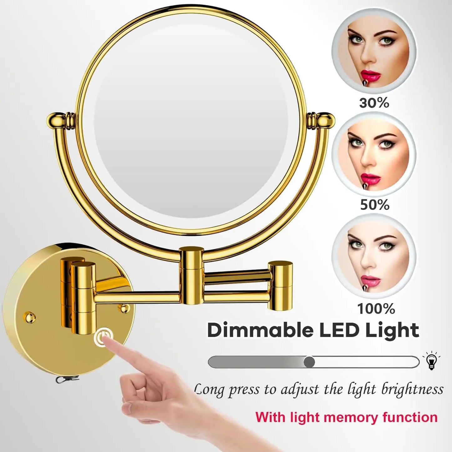 10X Magnifying LED Makeup Mirror Touch on Dual Arm Extend Wall Mounted Bathroom Mirror Double Sided Vanity Mirror for Bathroom