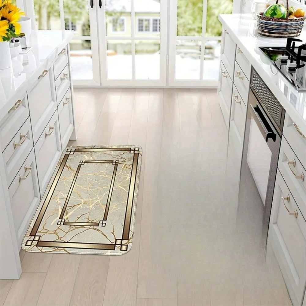 Spring Summer Kitchen Decor Mat Set, Marble Style Gold Plated Printed Floor Mats for Home & Laundry Room Entrance Doorway
