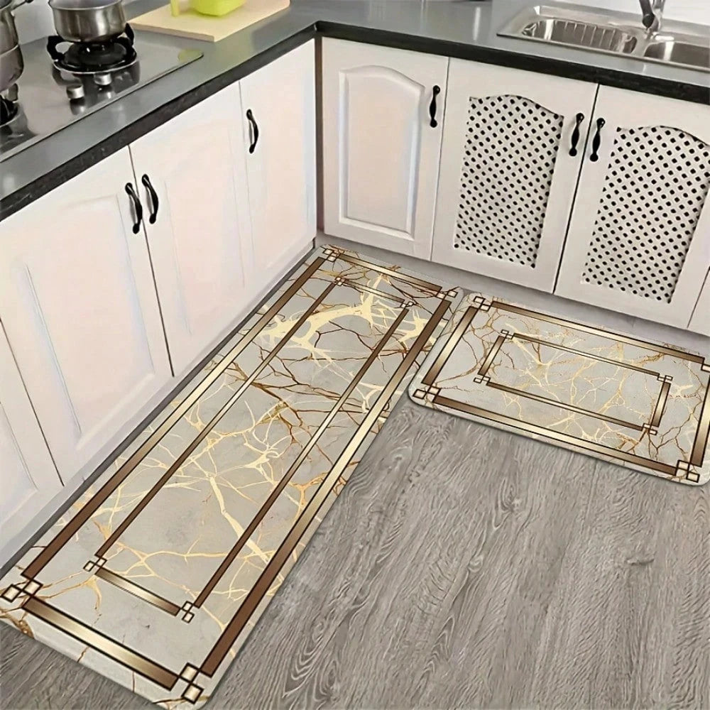 Spring Summer Kitchen Decor Mat Set, Marble Style Gold Plated Printed Floor Mats for Home & Laundry Room Entrance Doorway