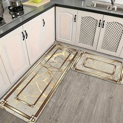 Spring Summer Kitchen Decor Mat Set, Marble Style Gold Plated Printed Floor Mats for Home & Laundry Room Entrance Doorway