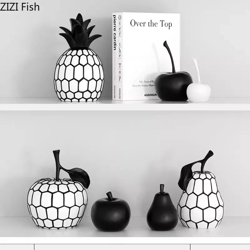 Black and White Stripe Apple Pineapple Statue Desk Decoration Ornaments Minimalism Fruits Resin Sculpture Room Aesthetics Decor
