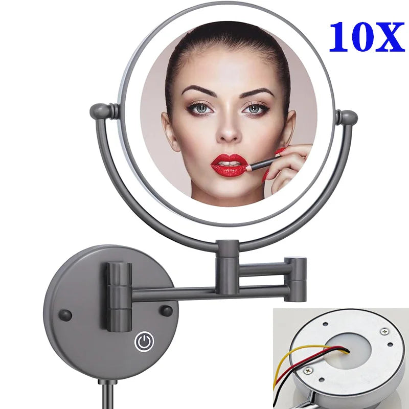 10X Magnifying LED Makeup Mirror Touch on Dual Arm Extend Wall Mounted Bathroom Mirror Double Sided Vanity Mirror for Bathroom