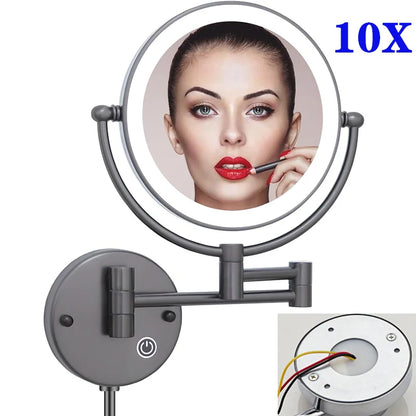 10X Magnifying LED Makeup Mirror Touch on Dual Arm Extend Wall Mounted Bathroom Mirror Double Sided Vanity Mirror for Bathroom
