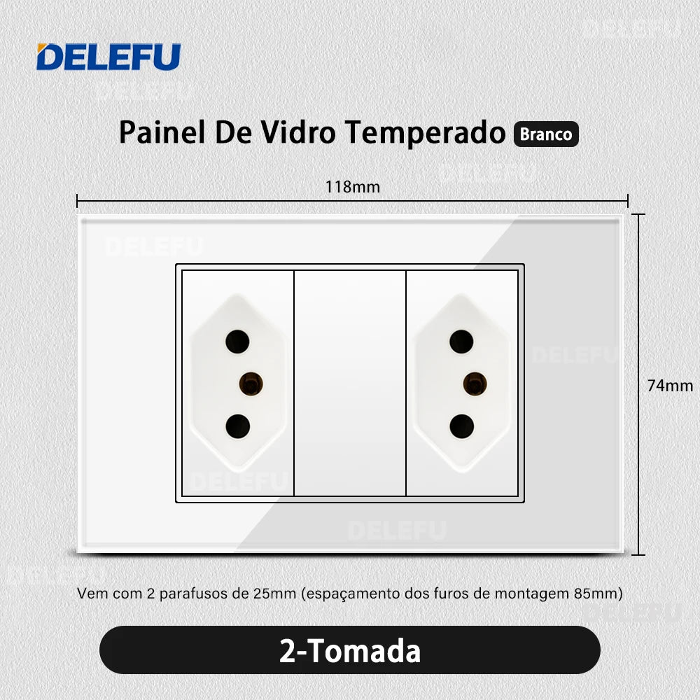 DELEFU 4*2 White Tempered Glass Brazil Standard Outlet with Double USB Type C Wall Power Socket  Switch Tuya Wifi 10A 20A