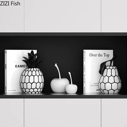 Black and White Stripe Apple Pineapple Statue Desk Decoration Ornaments Minimalism Fruits Resin Sculpture Room Aesthetics Decor