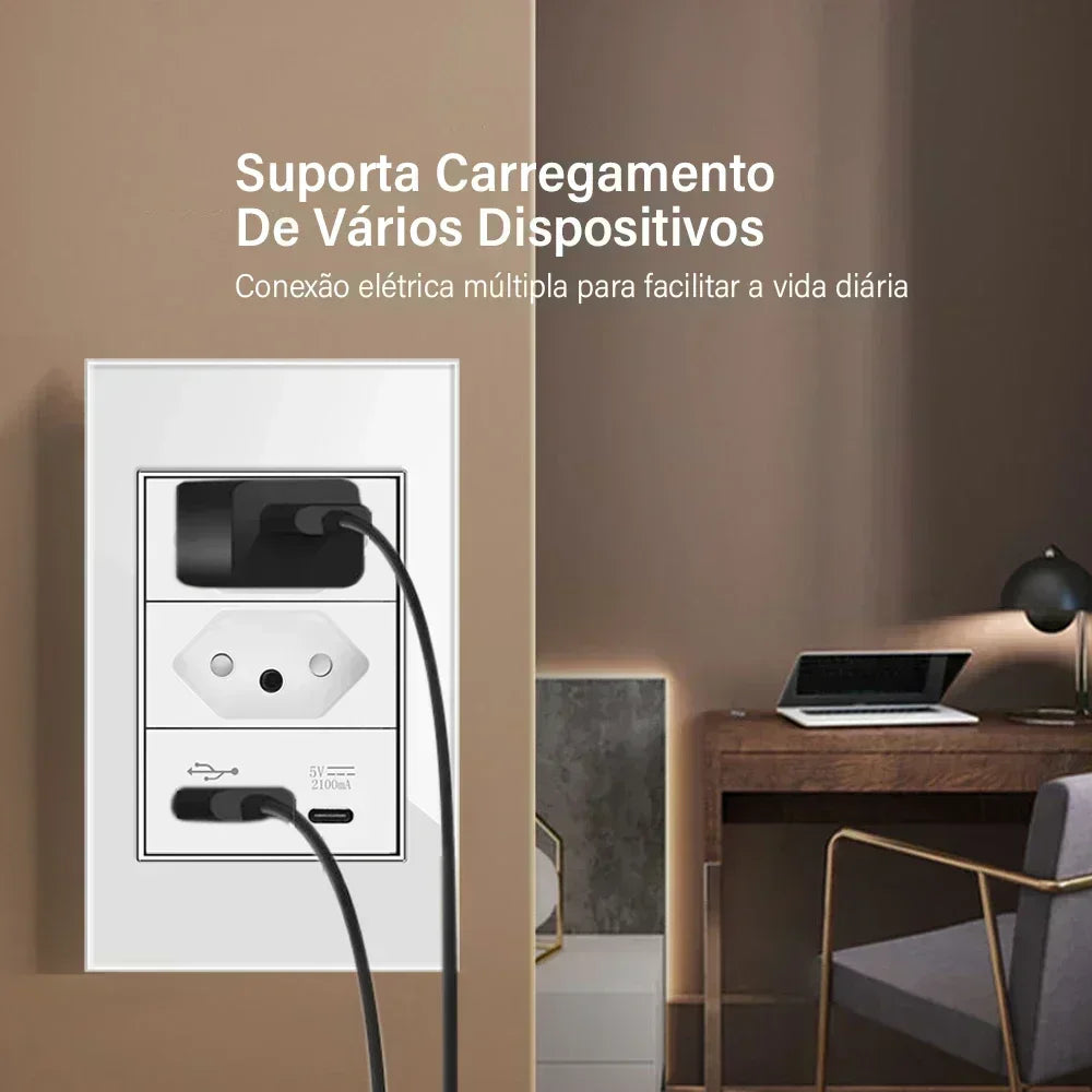DELEFU 4*2 White Tempered Glass Brazil Standard Outlet with Double USB Type C Wall Power Socket  Switch Tuya Wifi 10A 20A