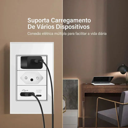 DELEFU 4*2 White Tempered Glass Brazil Standard Outlet with Double USB Type C Wall Power Socket  Switch Tuya Wifi 10A 20A