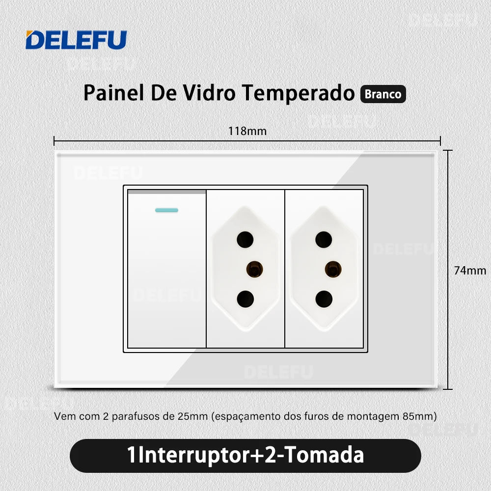 DELEFU 4*2 White Tempered Glass Brazil Standard Outlet with Double USB Type C Wall Power Socket  Switch Tuya Wifi 10A 20A