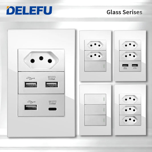 DELEFU 4*2 White Tempered Glass Brazil Standard Outlet with Double USB Type C Wall Power Socket  Switch Tuya Wifi 10A 20A