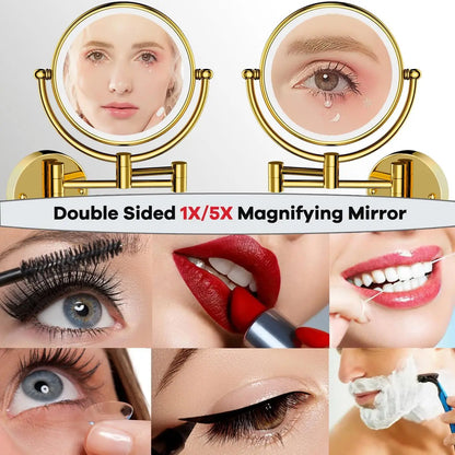 10X Magnifying LED Makeup Mirror Touch on Dual Arm Extend Wall Mounted Bathroom Mirror Double Sided Vanity Mirror for Bathroom