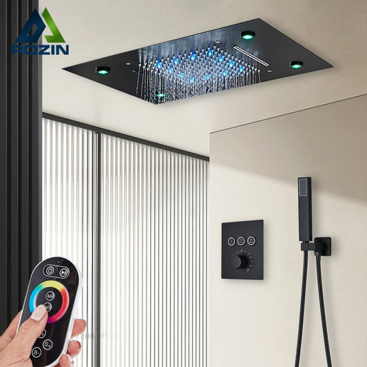 Black Thermostatic Bathroom Shower Faucet Set Remote LED Rainfall Head Faucets Crane 3 Way Concealed Embedded Hot Cold Mixer Tap