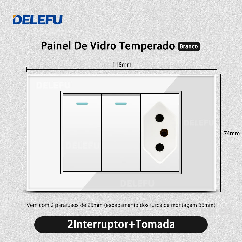 DELEFU 4*2 White Tempered Glass Brazil Standard Outlet with Double USB Type C Wall Power Socket  Switch Tuya Wifi 10A 20A