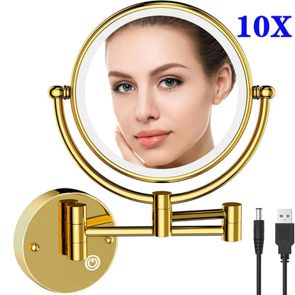 10X Magnifying LED Makeup Mirror Touch on Dual Arm Extend Wall Mounted Bathroom Mirror Double Sided Vanity Mirror for Bathroom