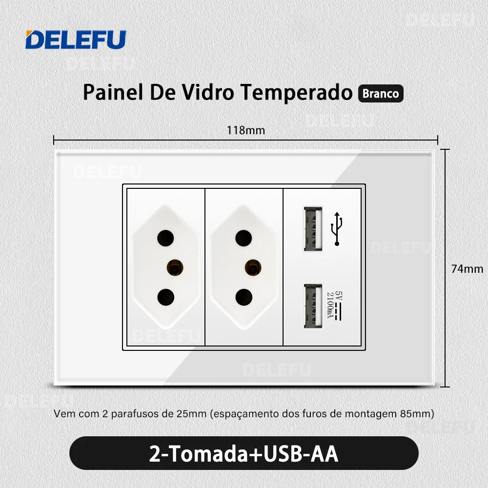 DELEFU 4*2 White Tempered Glass Brazil Standard Outlet with Double USB Type C Wall Power Socket  Switch Tuya Wifi 10A 20A