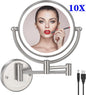 10X Magnifying LED Makeup Mirror Touch on Dual Arm Extend Wall Mounted Bathroom Mirror Double Sided Vanity Mirror for Bathroom