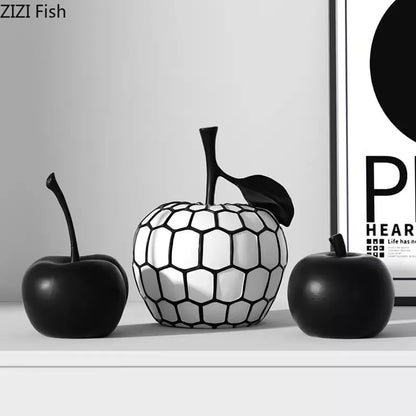 Black and White Stripe Apple Pineapple Statue Desk Decoration Ornaments Minimalism Fruits Resin Sculpture Room Aesthetics Decor