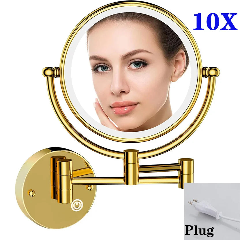 10X Magnifying LED Makeup Mirror Touch on Dual Arm Extend Wall Mounted Bathroom Mirror Double Sided Vanity Mirror for Bathroom
