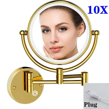 10X Magnifying LED Makeup Mirror Touch on Dual Arm Extend Wall Mounted Bathroom Mirror Double Sided Vanity Mirror for Bathroom