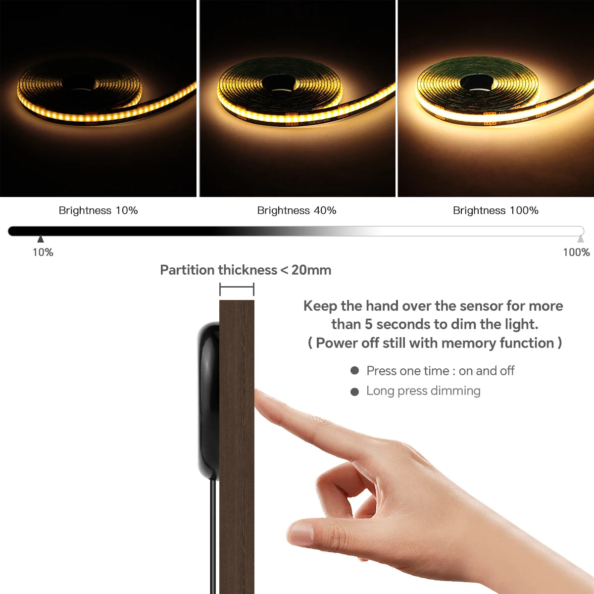 Smart Penetrable Wood COB LED Strip Touch Sensor Light 1-6 PCS 1-3m Black PCB Embedded Cabinet TV Wall Backlight Parallel Lights