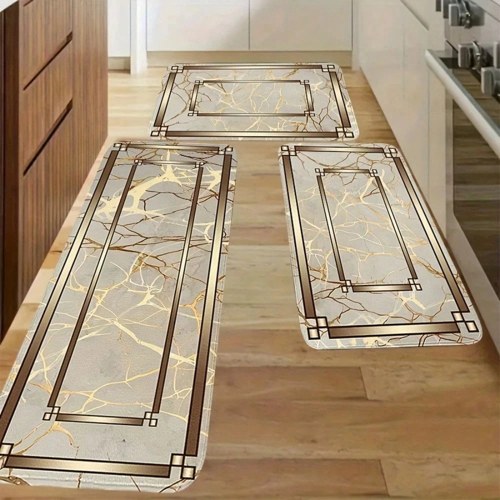Spring Summer Kitchen Decor Mat Set, Marble Style Gold Plated Printed Floor Mats for Home & Laundry Room Entrance Doorway