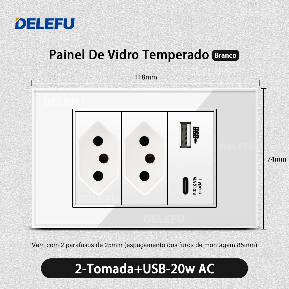 DELEFU 4*2 White Tempered Glass Brazil Standard Outlet with Double USB Type C Wall Power Socket  Switch Tuya Wifi 10A 20A