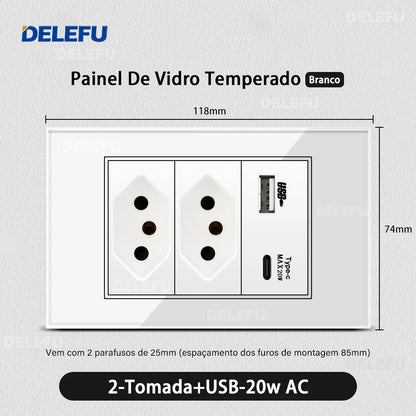 DELEFU 4*2 White Tempered Glass Brazil Standard Outlet with Double USB Type C Wall Power Socket  Switch Tuya Wifi 10A 20A